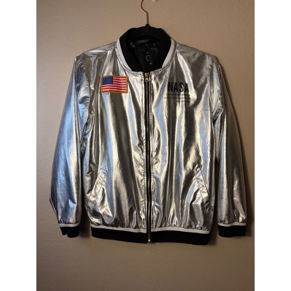 Buzz Aldrin NASA Metallic Silver Bomber Jacket XL Space Astronaut Patch Zip Up